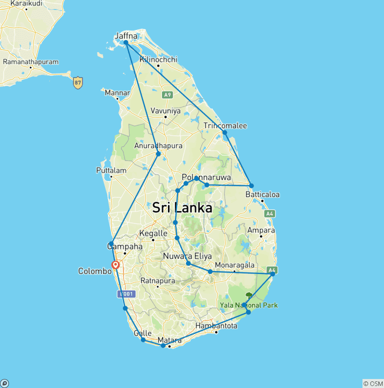 Map of Sri Lanka Prestige Escape - A Journey of Heritage, Wildlife & Coastal Wonders
