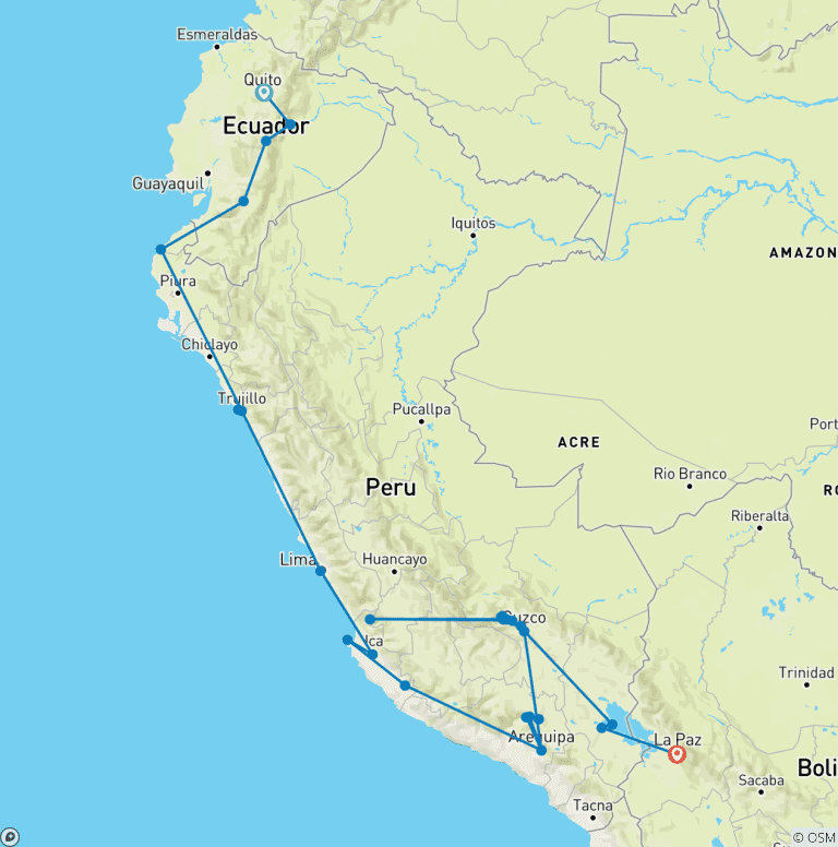 Map of Quito to La Paz: Amazon & Ancient Cultures