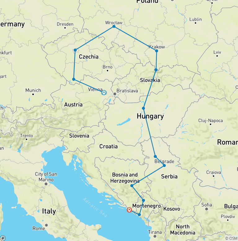 Map of Vienna to Dubrovnik