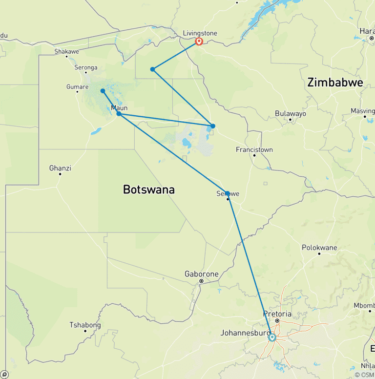 Map of Okavango Experience (8 destinations)