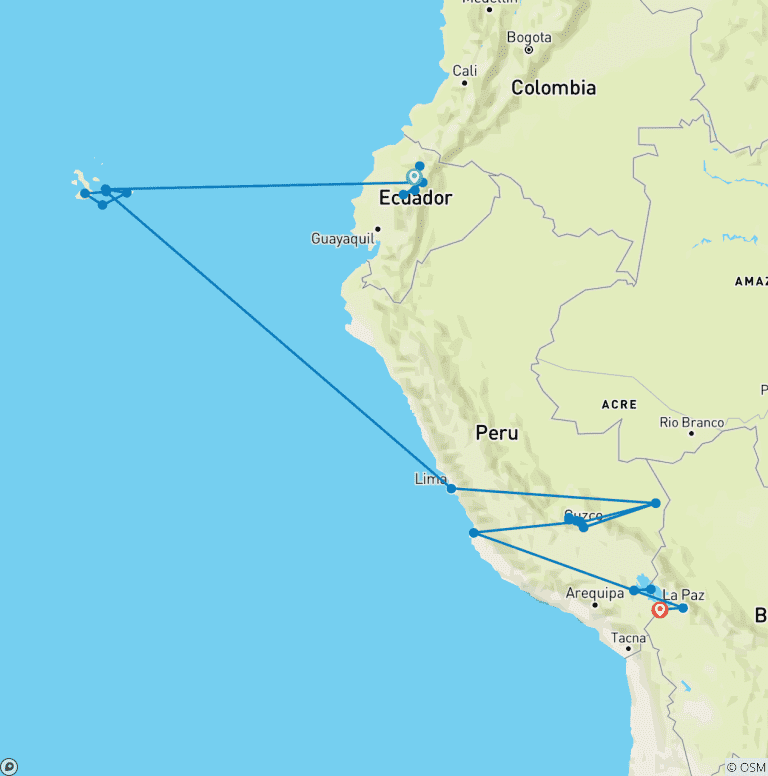 Map of Galapagos & Peru Adventure (from Quito to Desaguadero)