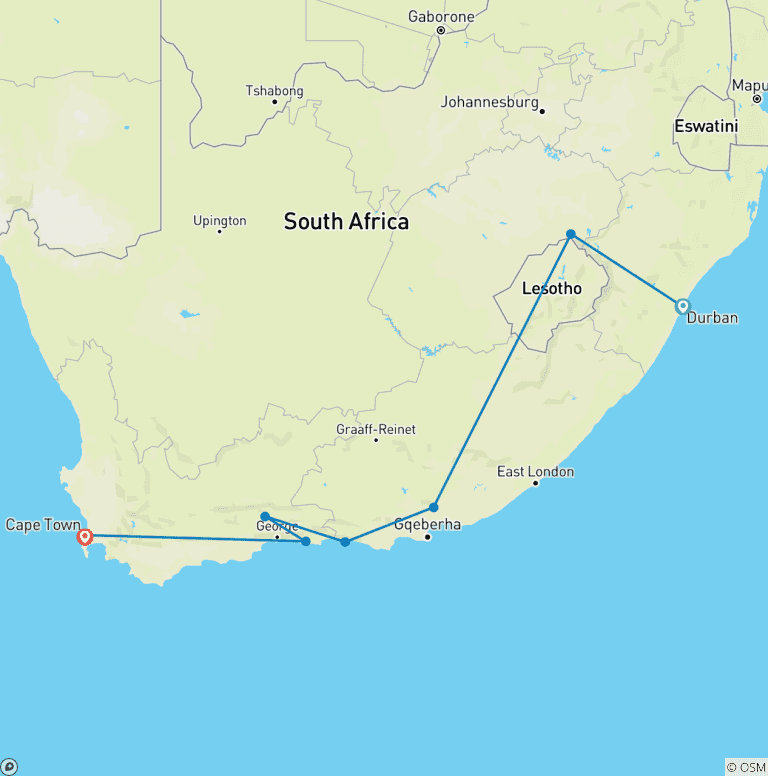 Map of Garden Route Adventure (from Durban to Table Mountain)