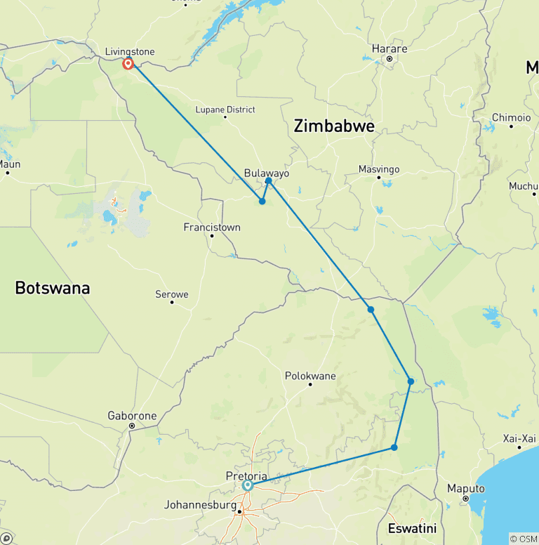 Map of 7-day Kruger to Victoria Falls (Camping)