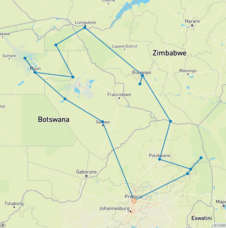 Map of 14-day Kruger to the Delta, Chobe & Victoria Falls (Accommodated)