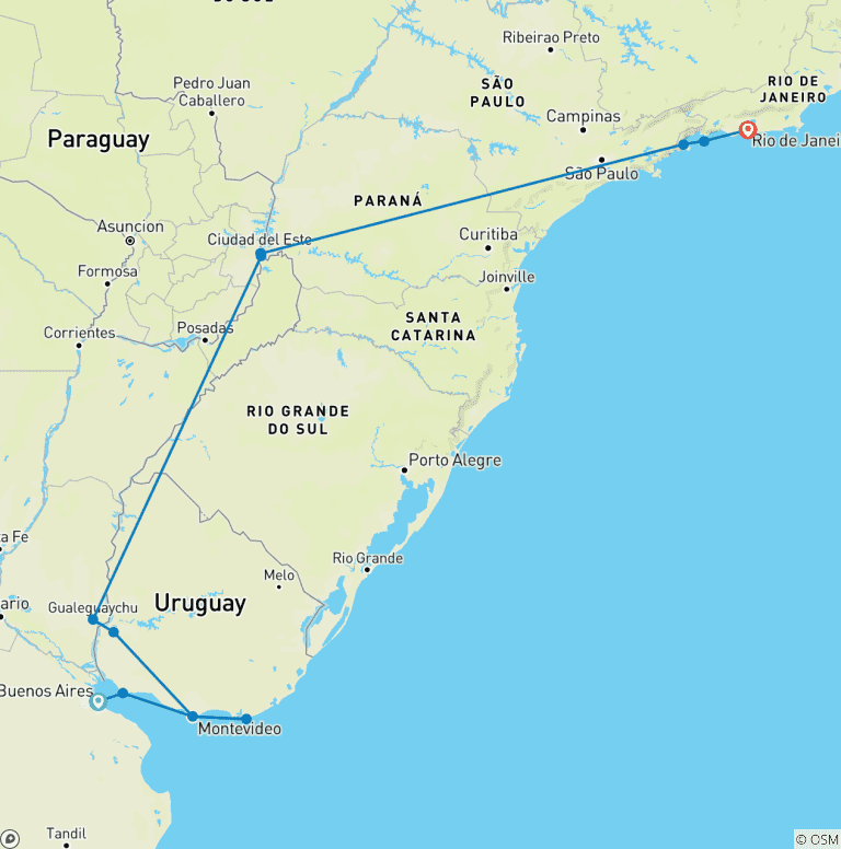 Map of Buenos Aires to Rio de Janeiro: Falls & Footy