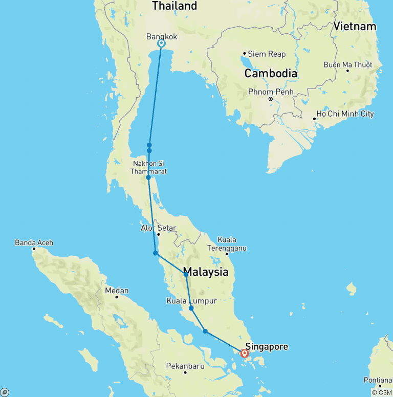 Map of Bangkok to Singapore: Jungle Hikes & Island Nights