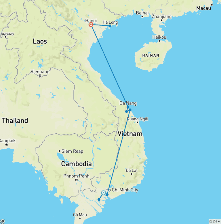 Map of 10 Days Cultural Odyssey From South to North Vietnam