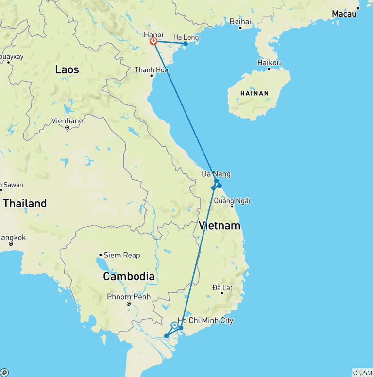 Map of 10 Days Cultural Odyssey From South to North Vietnam