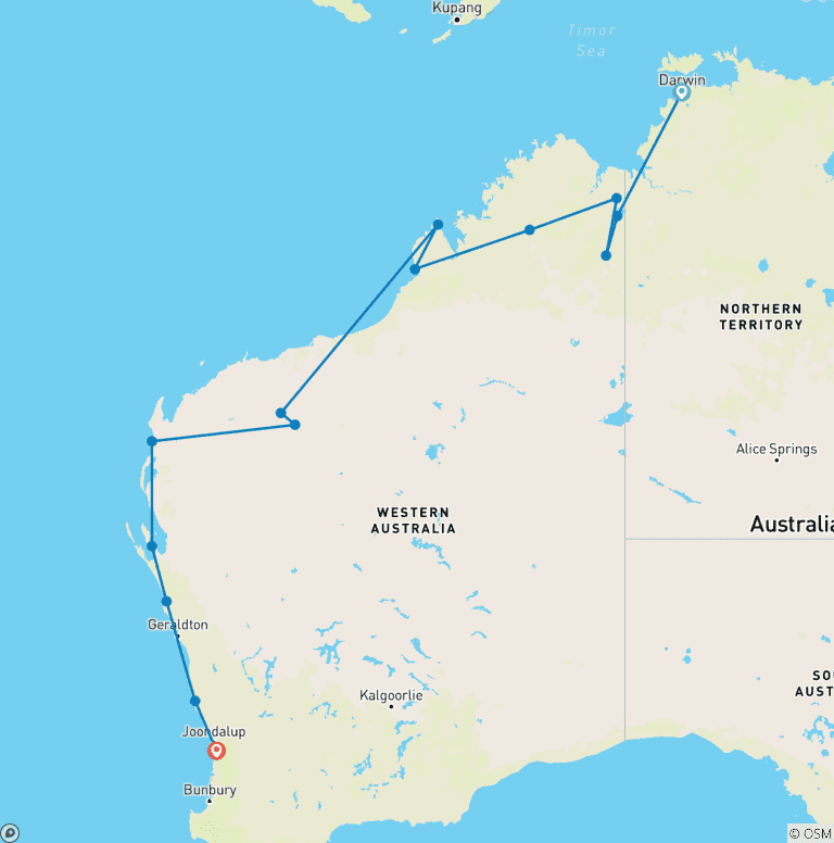 Map of Darwin to Perth Overland