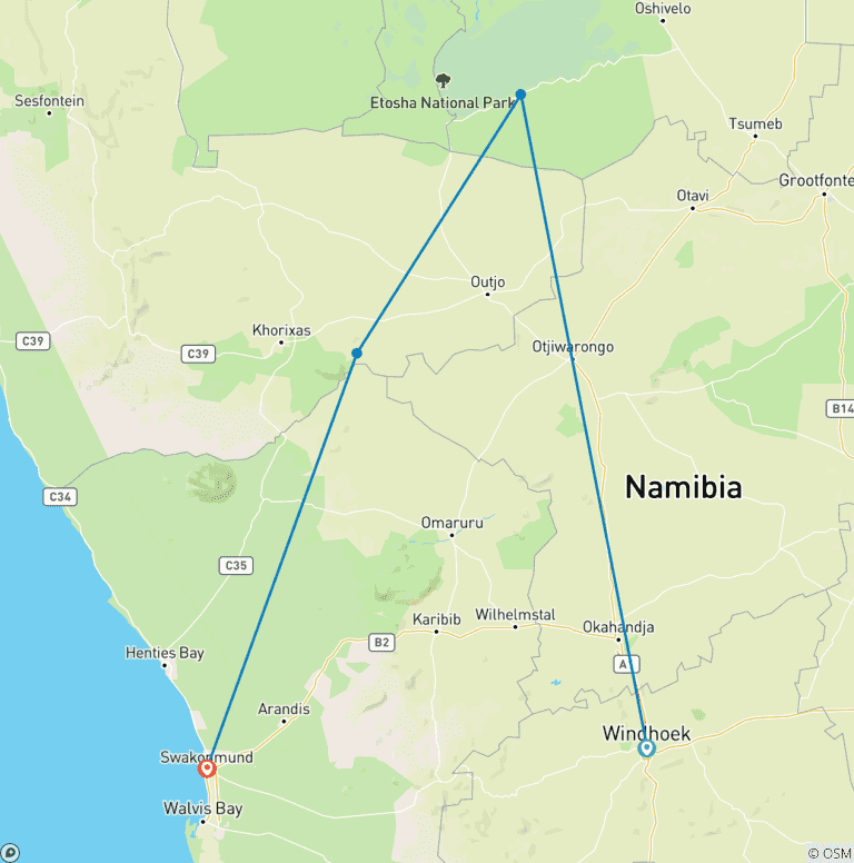 Map of 3 Day Etosha Express Accommodated Safari