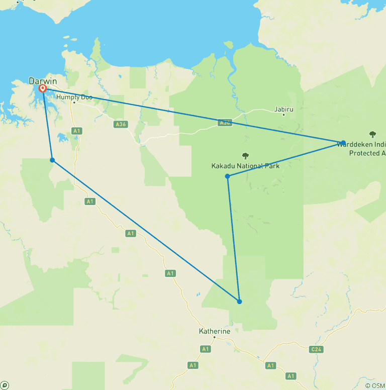 Map of Kakadu Tour with Arnhem Land, Katherine & Litchfield