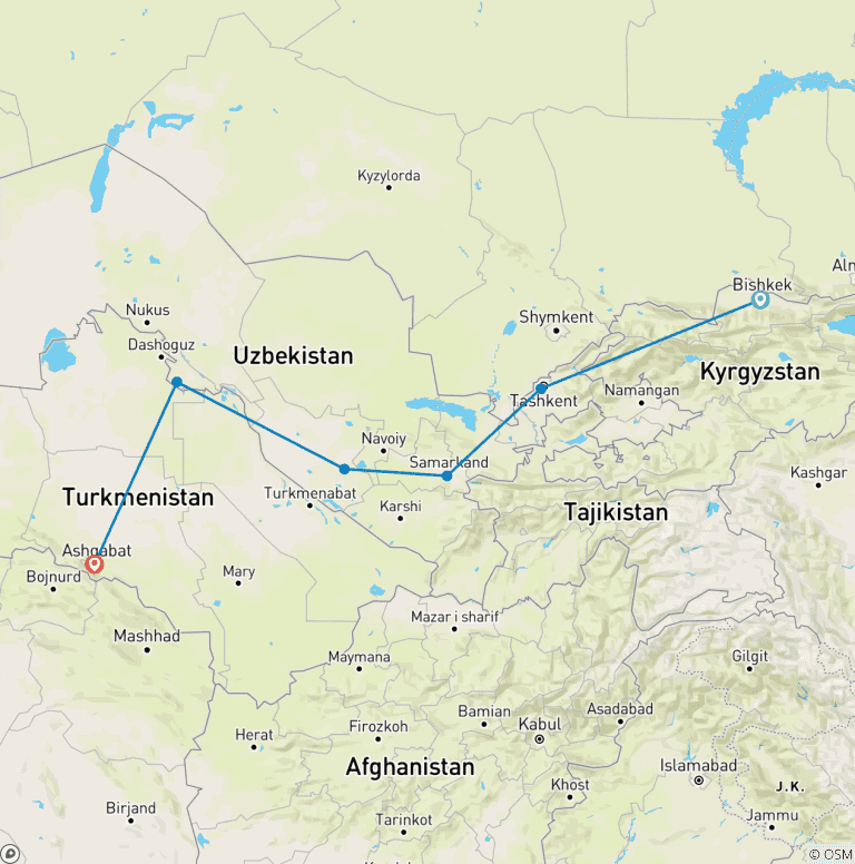 Map of Bishkek To Ashgabat (31 Days)