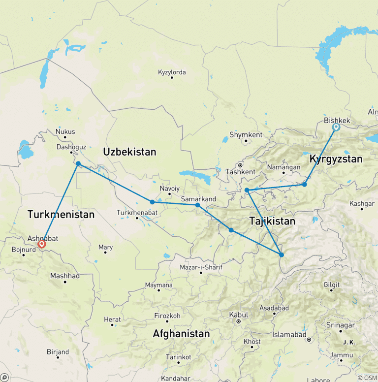 Map of Bishkek To Ashgabat (31 Days)
