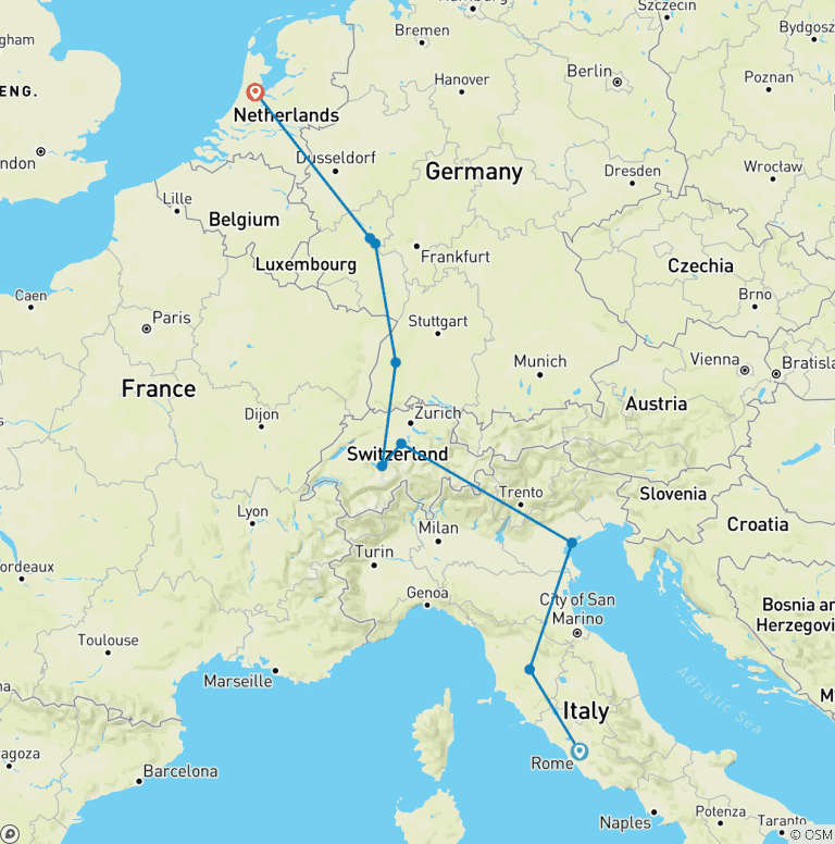 Map of Rome to Amsterdam