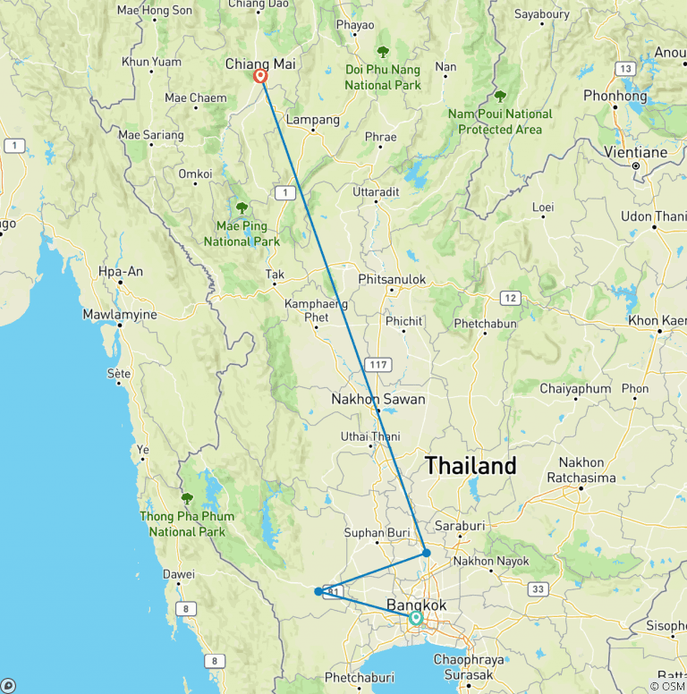 Map of Bangkok to Chiang Mai Express
