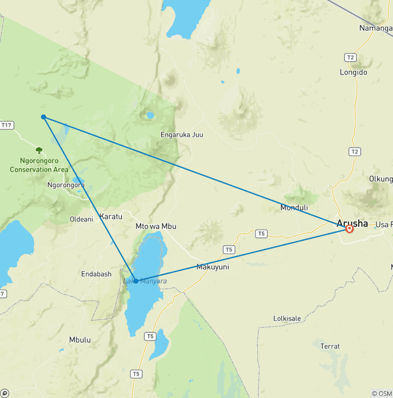Map of Ngorongoro & Lake Manyara Safari 3D/2N