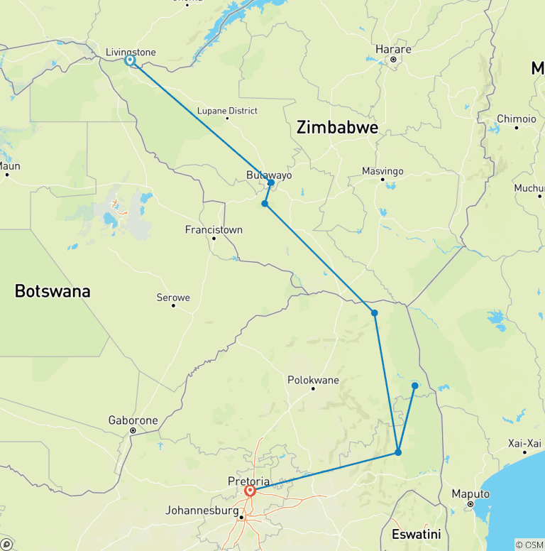 Map of 7-day Victoria Falls to Kruger (Camping)