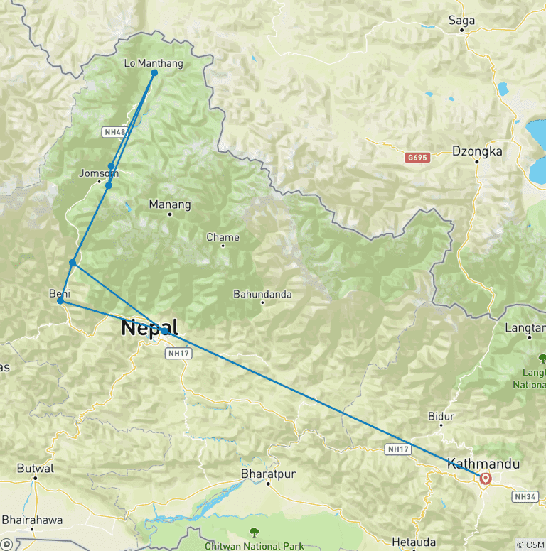 Map of 7 days Jeep drive tour to Lo Manthang Mustang
