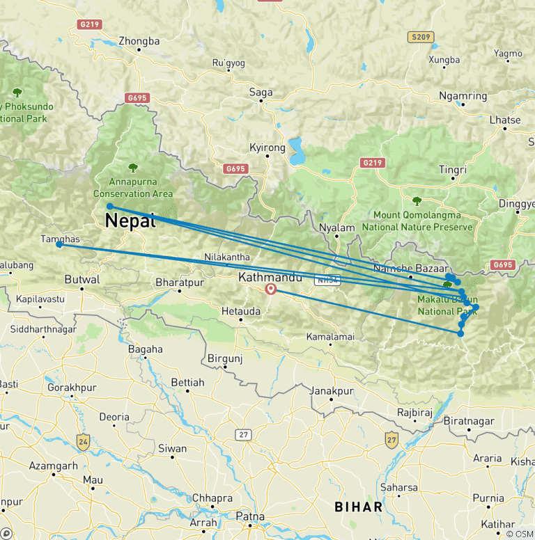 Map of 14 days Makalu Base Camp Trek in Nepal