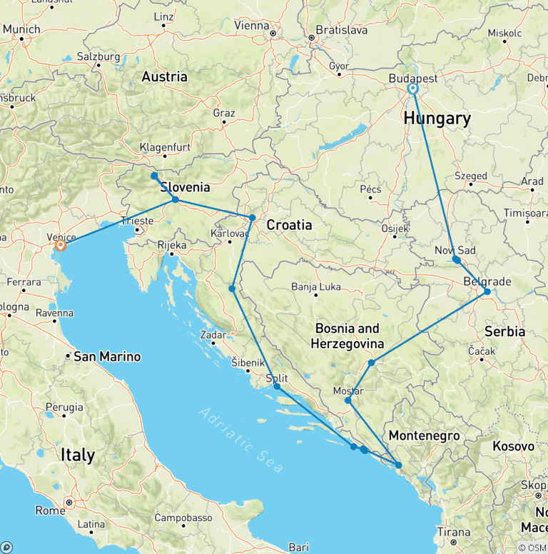 Map of Budapest to Venice (19 destinations)