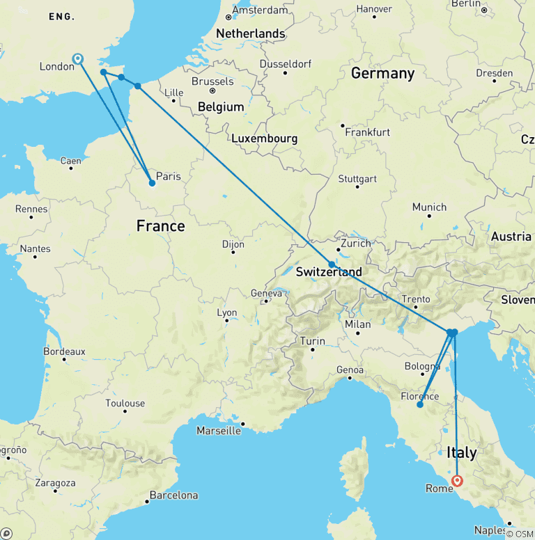 Map of London to Rome Highlights (10-day Tour)