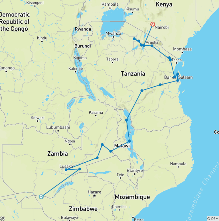 Map of Vic Falls to Kenya