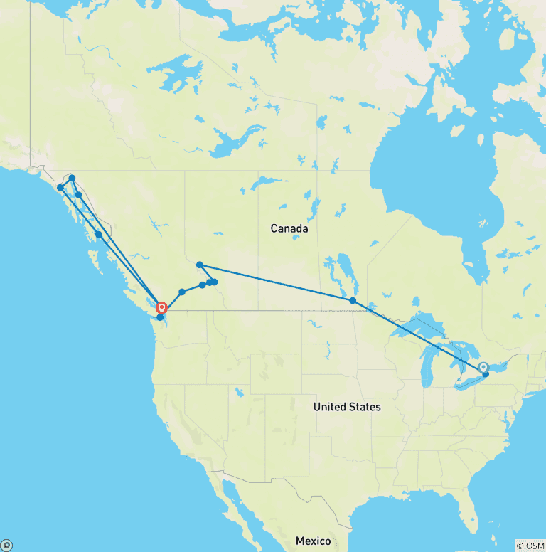Map of Canadian Train Odyssey with Alaska Cruise