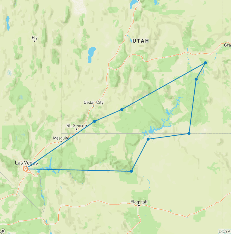 Map of 7 day Southwest National Parks Grand Canyon Tour