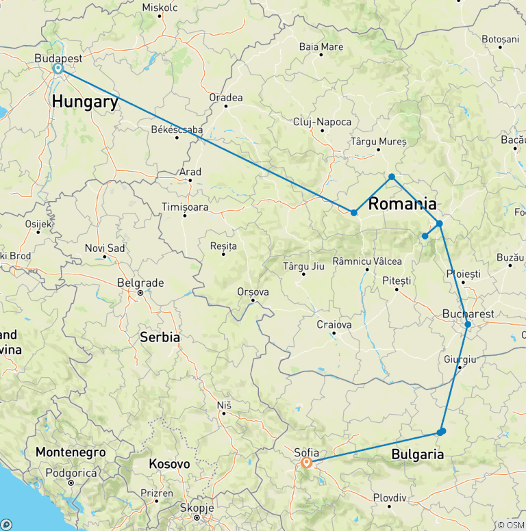 Map of Budapest to Sofia Adventure