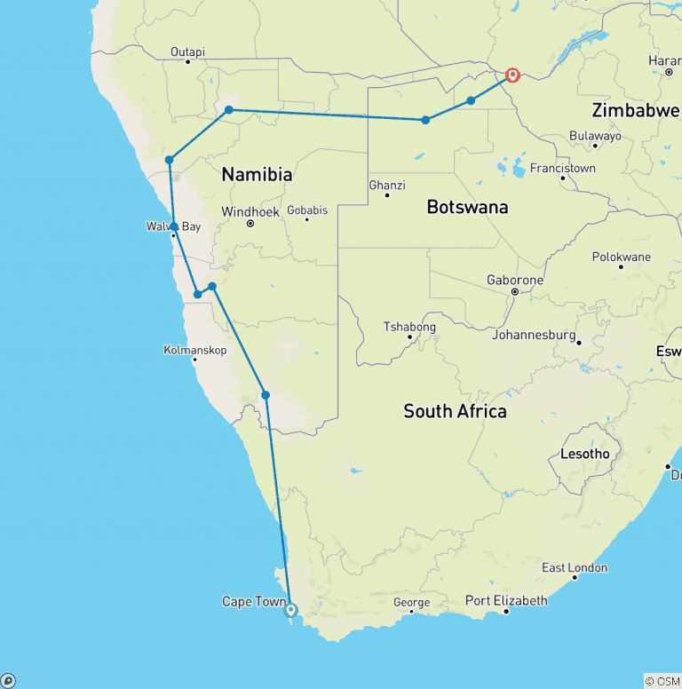 Map of Cape Town to Victoria Falls - Hotel/Lodge