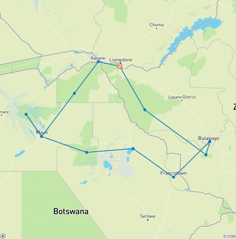 Map of Botswana & Zimbabwe Lodge Safari