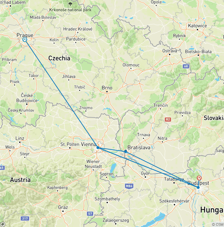 Map of Prague, Vienna and Budapest (All Summer And 26/27 Winter Onwards)