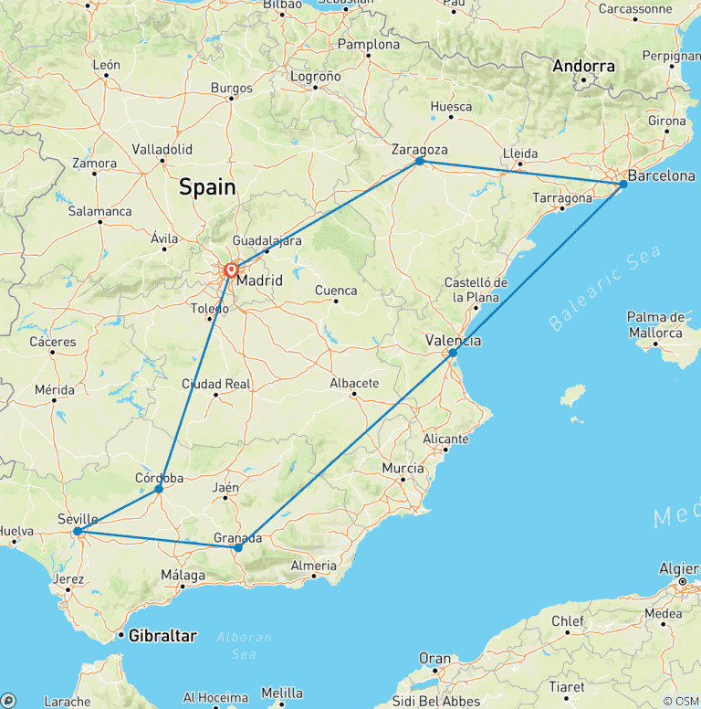 Map of 7-Day Tour Andalusia & Mediterranean Coast & Barcelona from Madrid