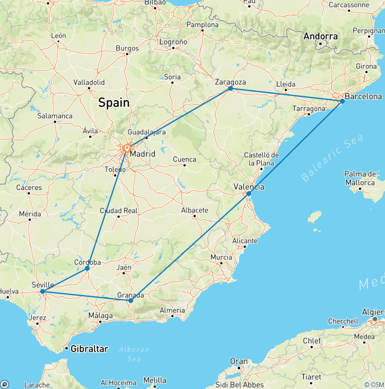 Map of 7-Day Tour Andalusia & Mediterranean Coast & Barcelona from Madrid