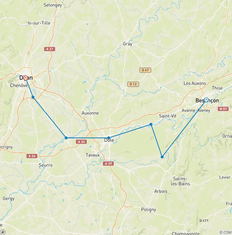 Map of Remarkable Sites and Fine Wines on a Cruise through Burgundy and the Doubs Valley (port-to-port cruise)