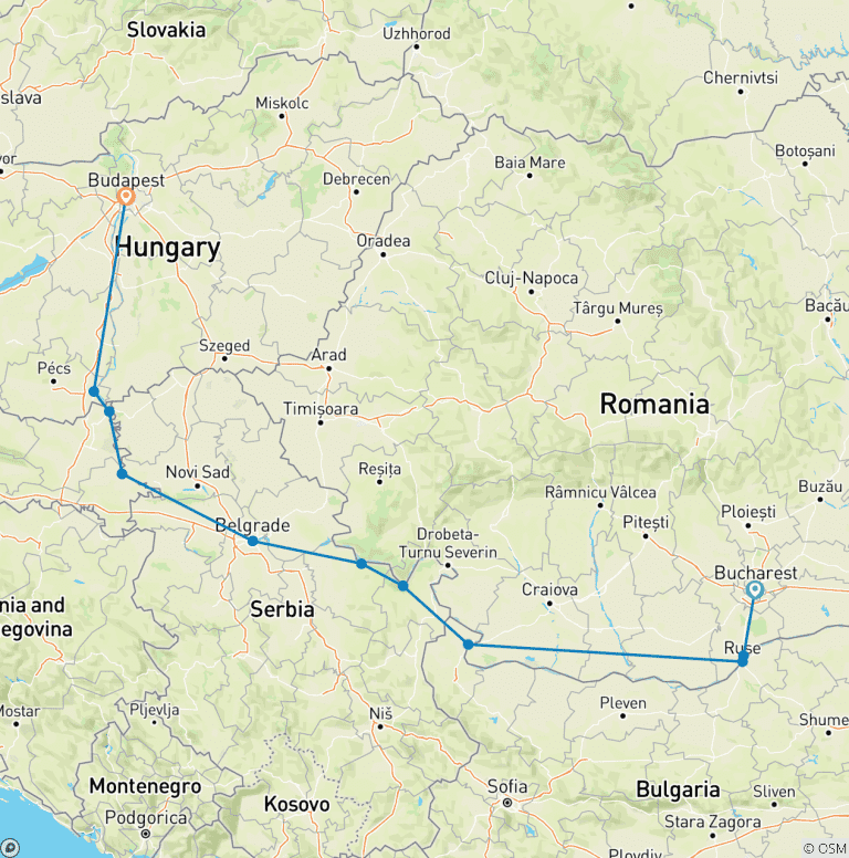 Map of Highlights of Eastern Europe (2025) (Bucharest to Budapest, 2025)