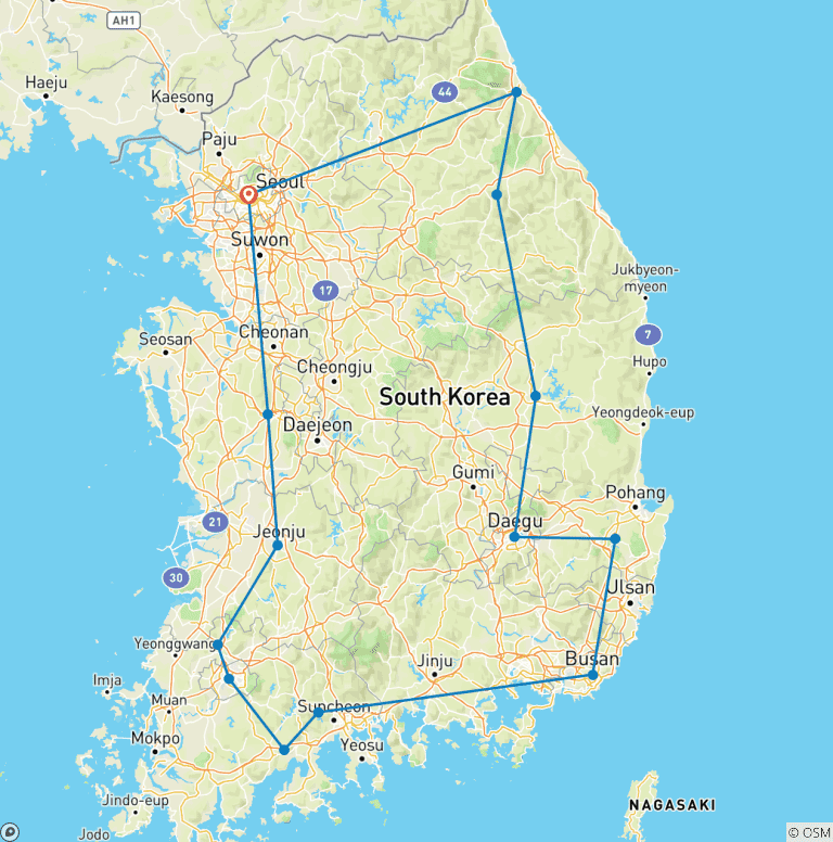 Map of 2025 Discover Korea in 7days:  A Curated All-Inclusive Experience