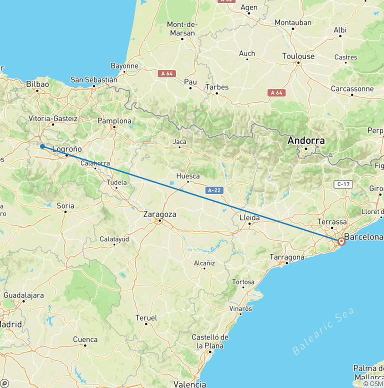 Map of Barcelona to San Vino Wine Fight Return Bus