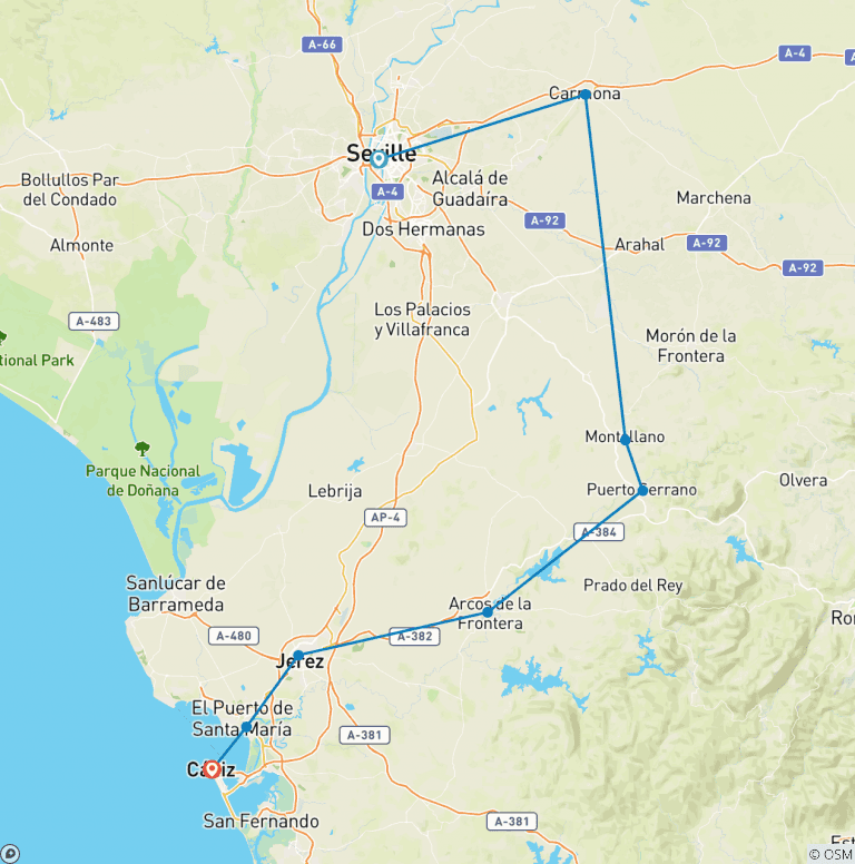 Map of Self-Guided Cycling in Andalucia: Seville to Cadiz