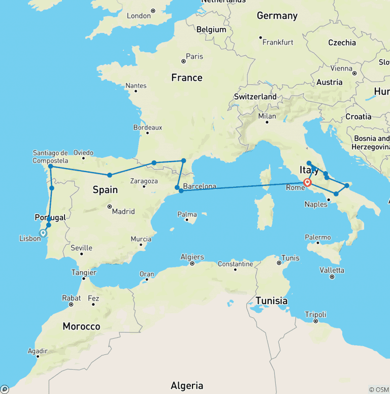 Map of Spiritual Highlights of Iberia, Lourdes & Italy - Faith-Based Travel