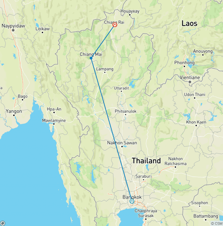 Map of Bangkok and Golden Triangle, Small Group Tour
