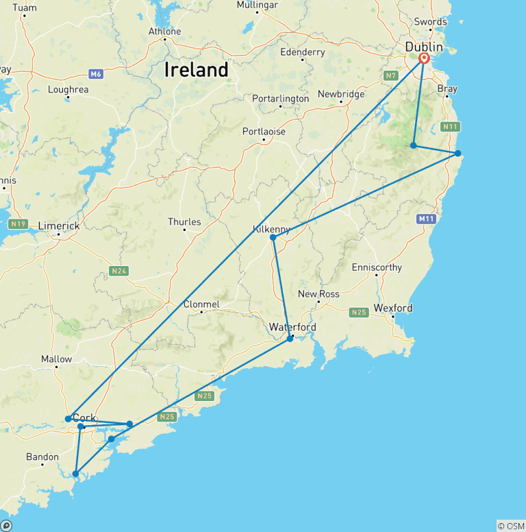 Map of 3-Day Blarney Castle, Kilkenny & Irish Whiskey Small-Group Tour from Dublin