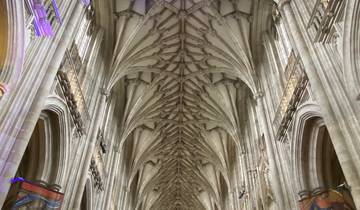 Intricate architectural details of a cathedral ceiling.