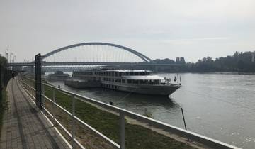 Modern bridge over a calm river with docked cruise ships.
