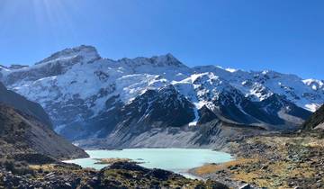 Mountain range covered in snow with a turquoise lake.