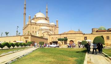 Visitors outside a large mosque in Cairo.