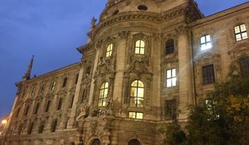 Ornate historic building at dusk.