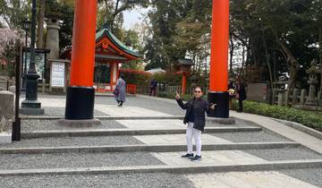 Person standing under a bright red torii gate.