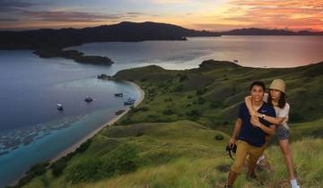 Couple embracing on a hill overlooking a scenic bay at sunset.