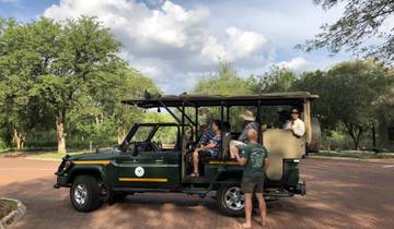 People in a safari vehicle.
